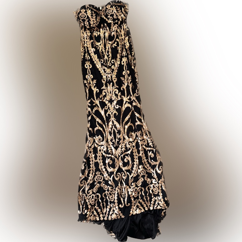 Black Gold Sequin Strapless Formal Mermaid Ballgown Dress with Train size Small